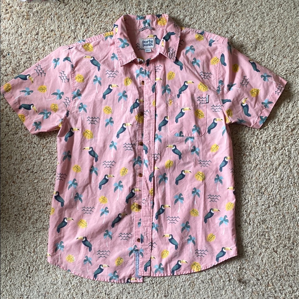 Party Pants Pink Button Down Shirt with Toucan and Palm Tree Print